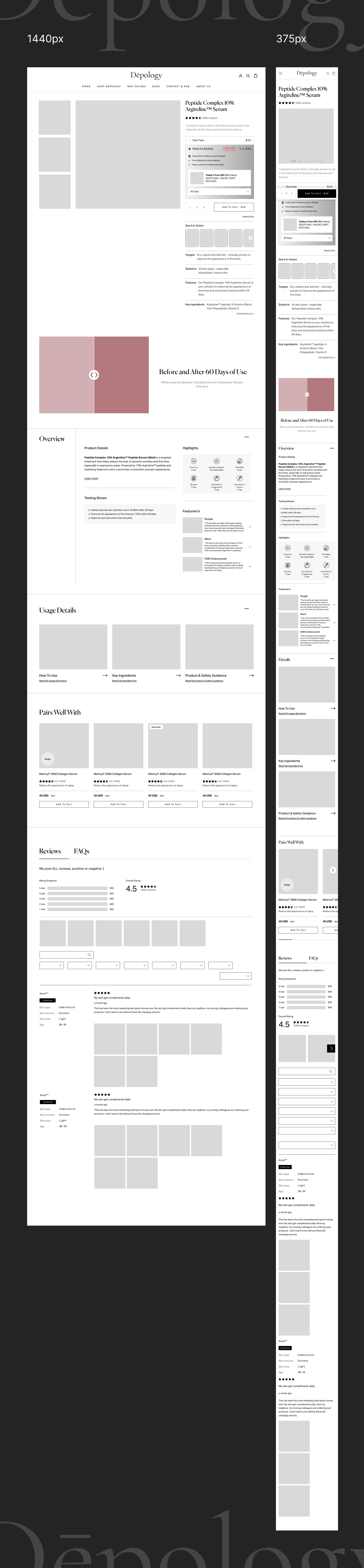 Depology responsive breakpoint specification for desktop and mobile product page