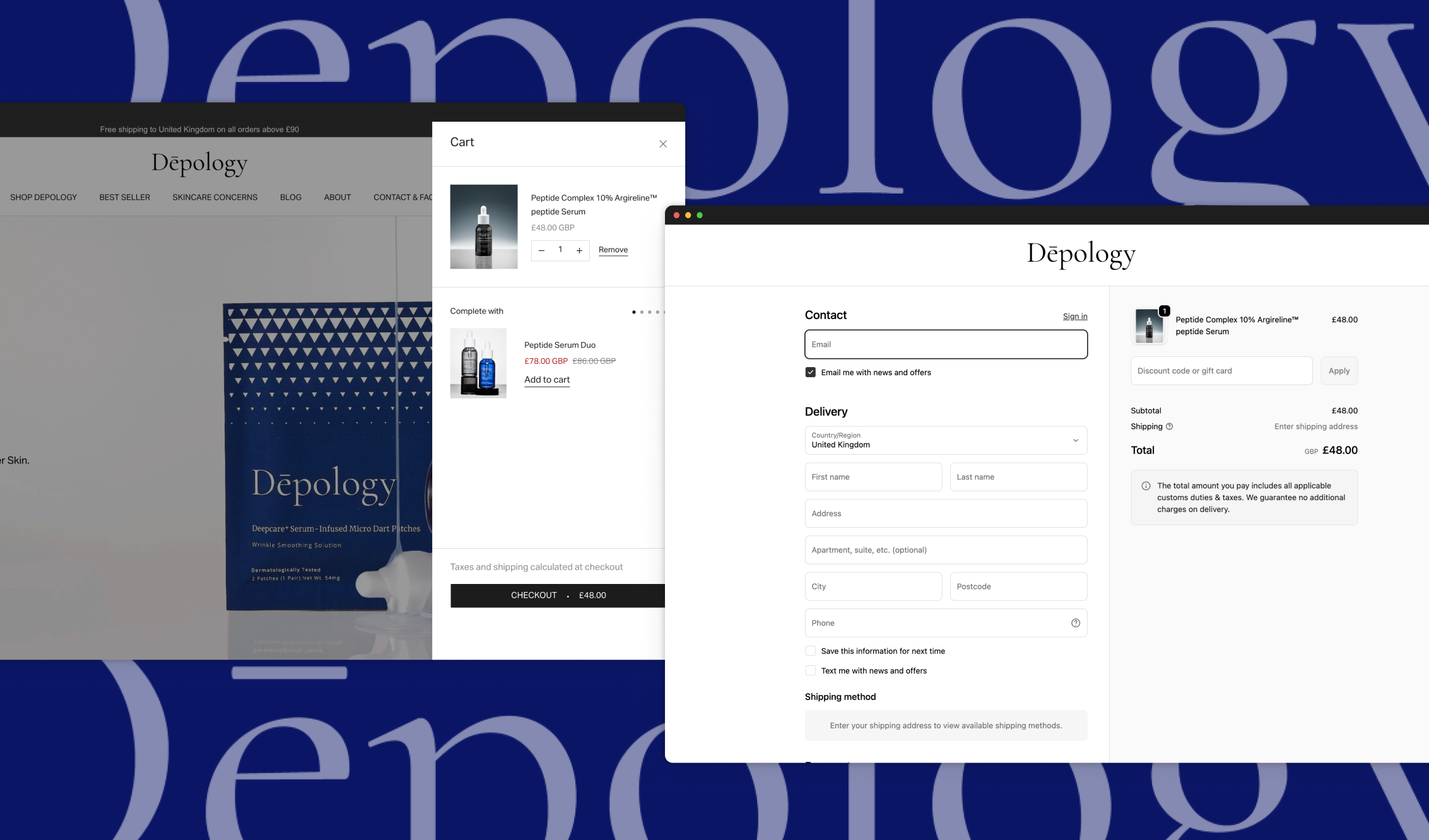 Depology cart drawer and checkout form system
