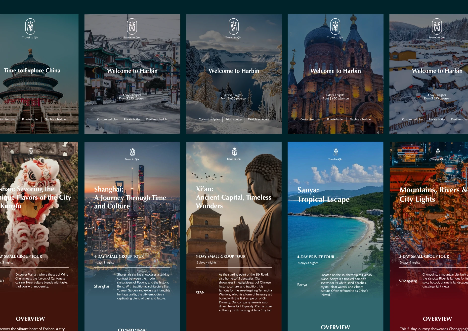 Travel to Qin destination cards UI