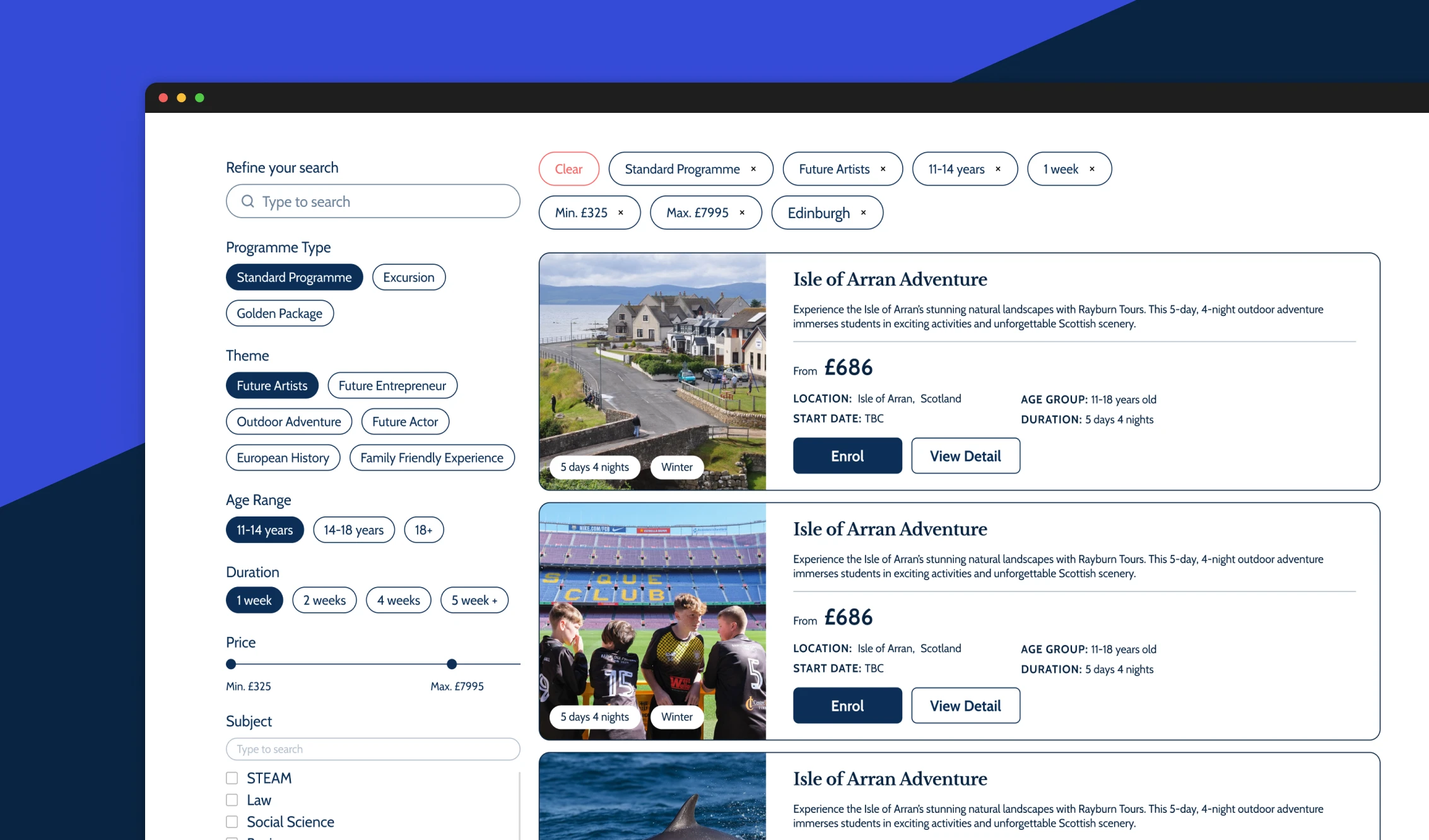 Worldschooling programme filtering interface