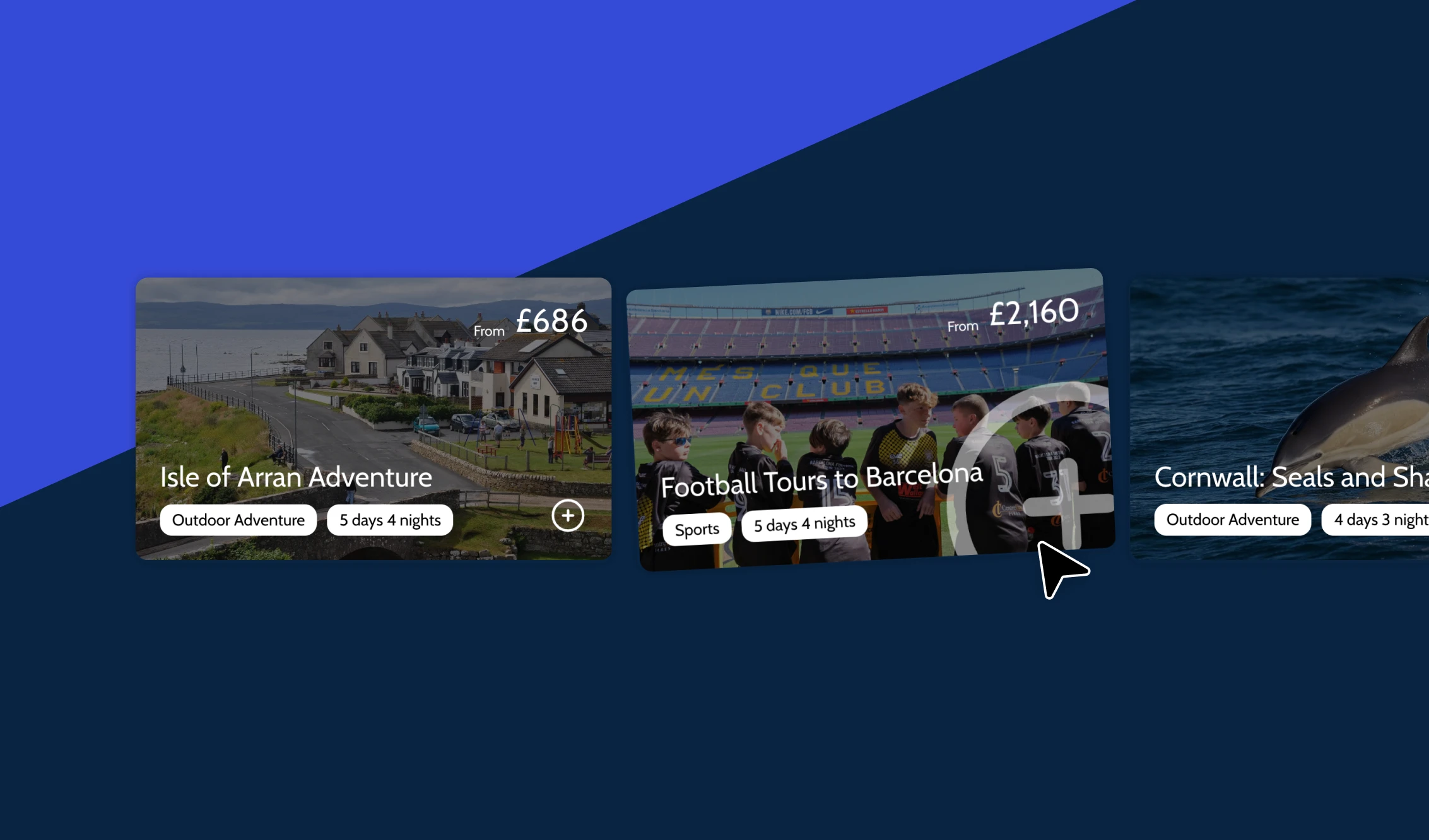 Worldschooling tour package cards UI